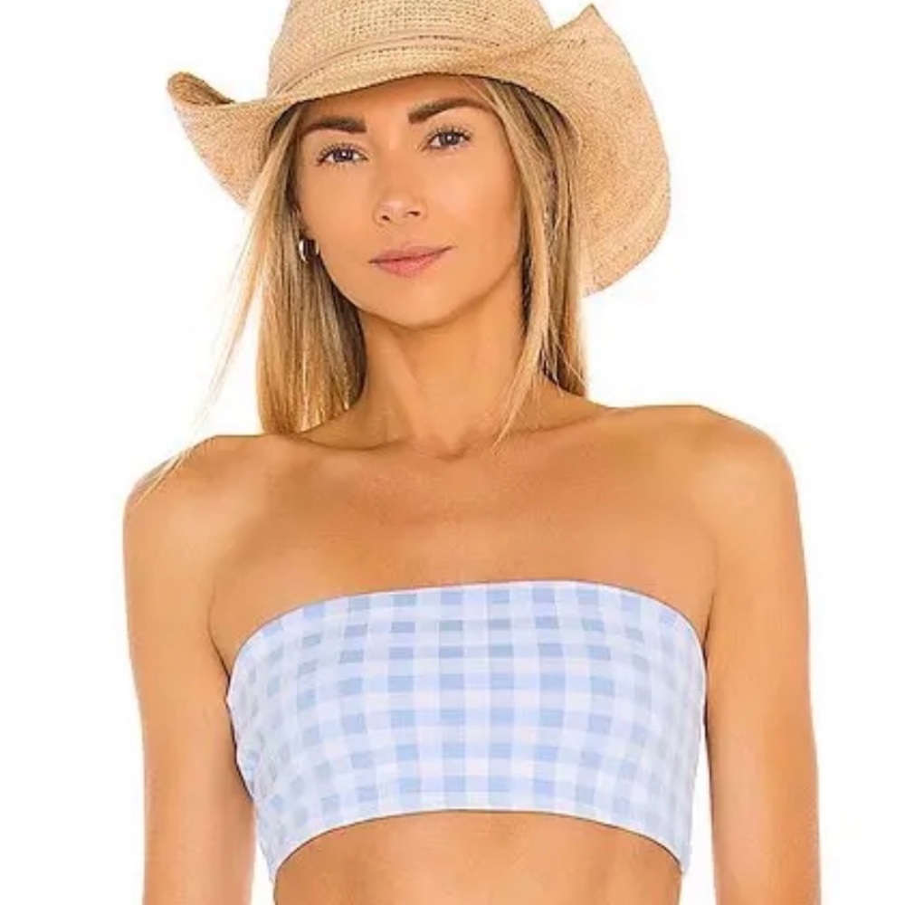 Frankie’s Bikinis Blue Gingham Jenna Bandeau Top NWT